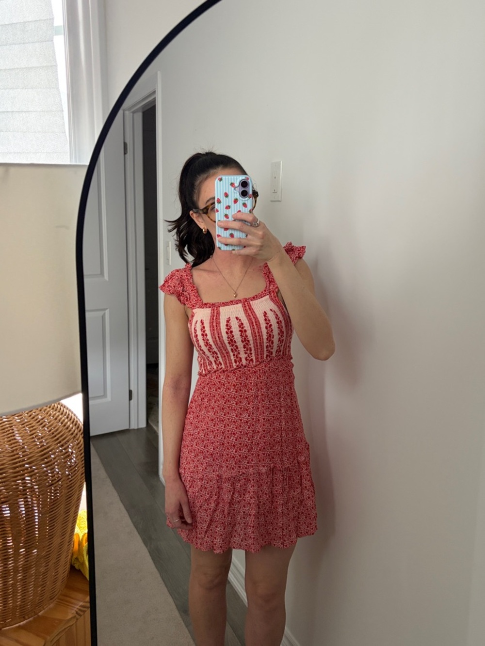 Red Floral Sundress with Smocked Bodice